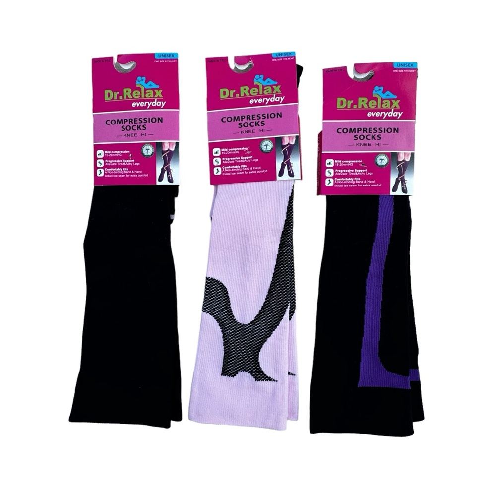 Compression Socks Knee Hi Dr Relax Everyday 15-20mmHG black pink NEW lot of 3